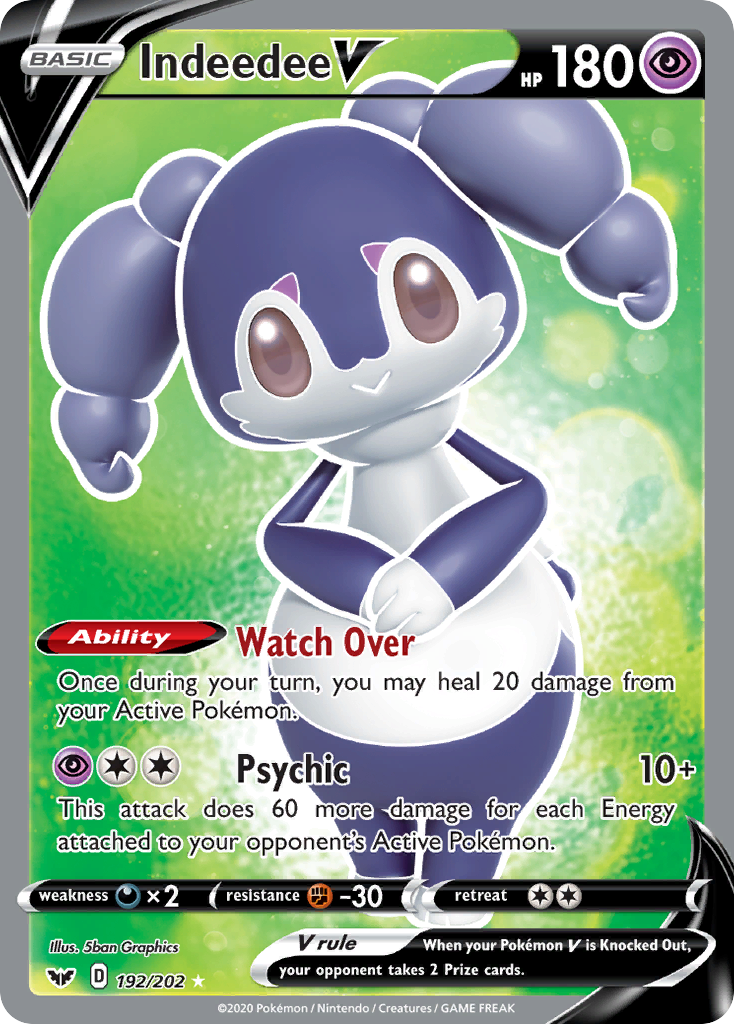 Indeedee V (Full Art) 192/202 - SWSH01 Sword & Shield Base Set Holofoil - Heavily Played