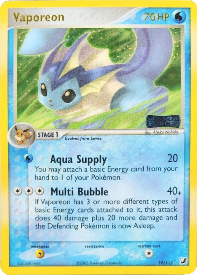VAPOREON HOLO 19/115 シャワーズ 英語版 ポケットモンスター Vaporeon (19/115) (Stamped) [EX: Unseen Forces] | Red Fox Gaming