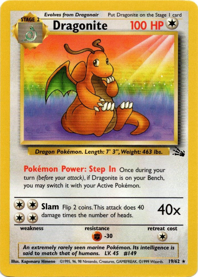 dragonite pokemon card 19/62 Pokemon Fossil Rare Dragonite #19