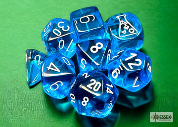 Translucent Tropical Blue/white Polyhedral 7-Dice Set (with bonus die) - 0