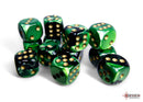 Gemini Black-Green/gold 16mm d6 Dice Block (12 dice)-2