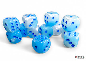 Gemini Pearl Turquoise-White/blue Luminary 16mm d6 Dice Block (12 dice)