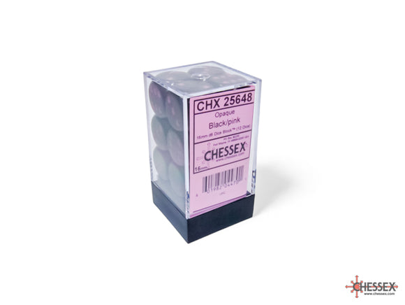 Opaque Black/pink 16mm d6 Dice Block (12 dice)