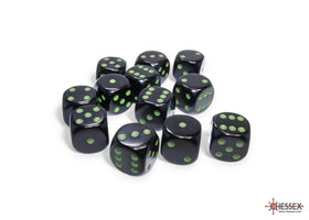 Opaque Black/green 16mm d6 Dice Block (12 dice) - 0