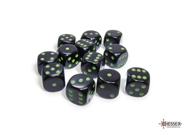 Opaque Black/green 16mm d6 Dice Block (12 dice) - 0