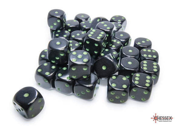 Opaque Black/green 12mm d6 Dice Block (36 dice)