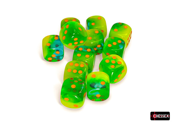 Gemini Plasma Green-Teal/orange Luminary 16mm d6 Dice Block (12 dice)