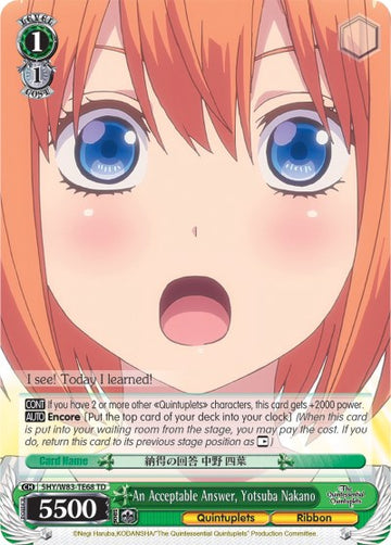 Una respuesta aceptable, Yotsuba Nakano (5HY/W83-TE68 TD) [Las quintillizas por excelencia] 
