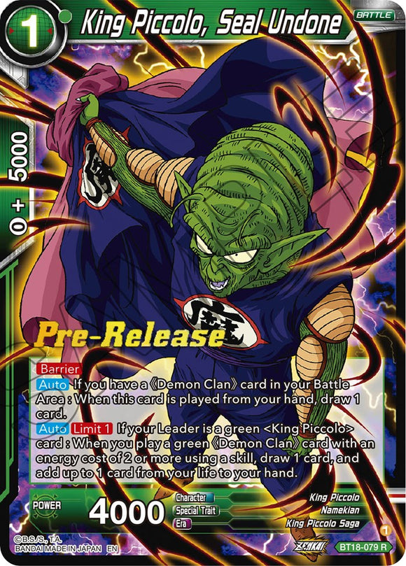King Piccolo, Seal Undone (BT18-079) [Promociones de prelanzamiento de Dawn of the Z-Legends] 