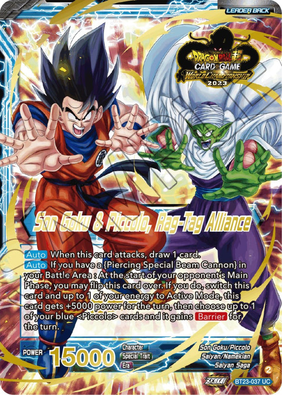 Son Goku // Son Goku y Piccolo, Rag-Tag Alliance (Conjunto de líderes ZENKAI 06 del Mundial 2023) (BT23-037) [Tarjetas de promoción de torneos] 