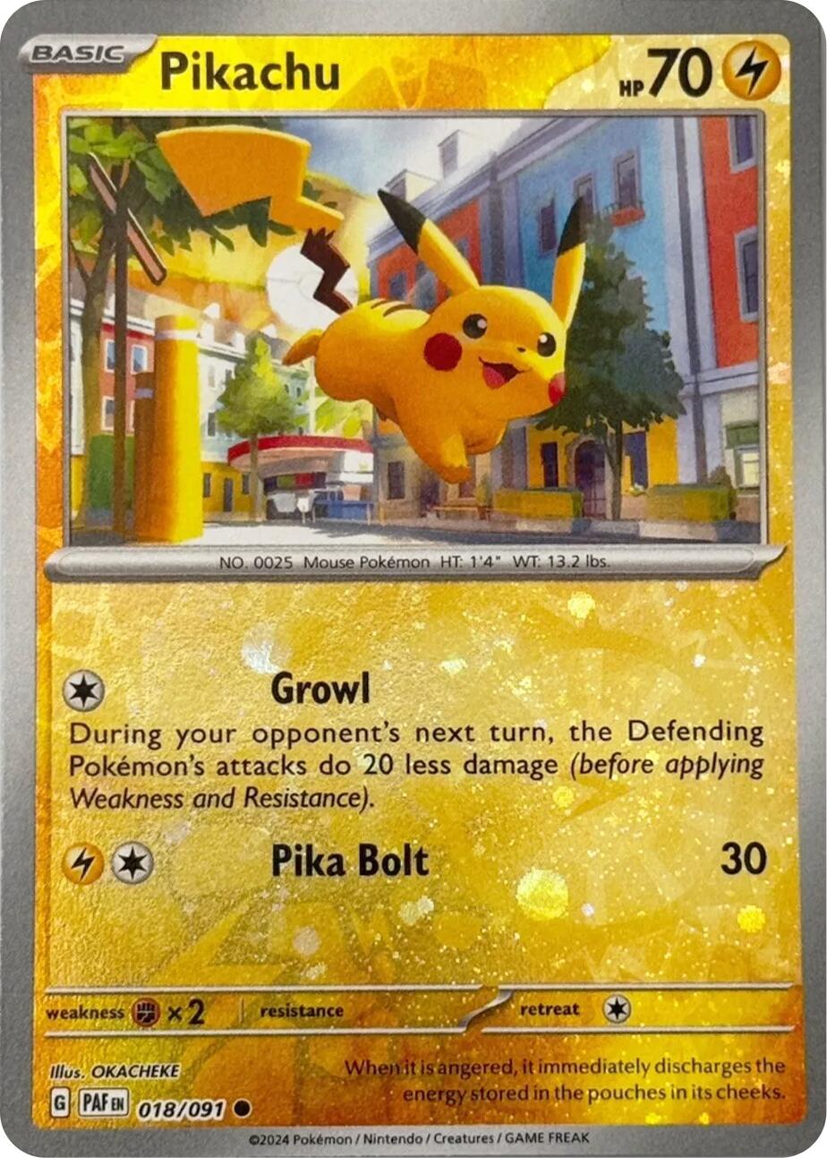 Pikachu (018/091) (Reverse Cosmos Holo) [Scarlet & Violet: Paldean Fat | Red Fox Gaming Pikachu (018/091) (Reverse Cosmos Holo) [Scarlet & Violet: Paldean Fat | Red Fox Gaming