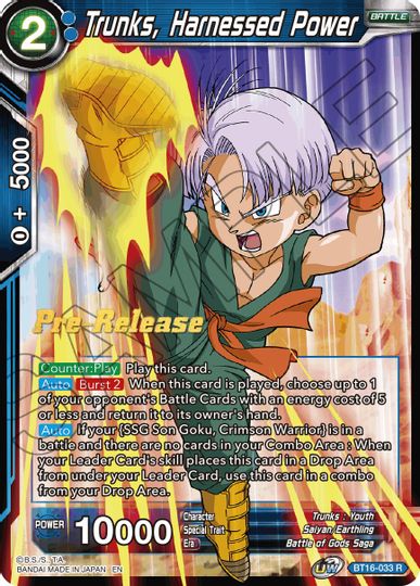 Trunks, Harnessed Power (BT16-033) [Promociones de prelanzamiento de Realm of the Gods] 