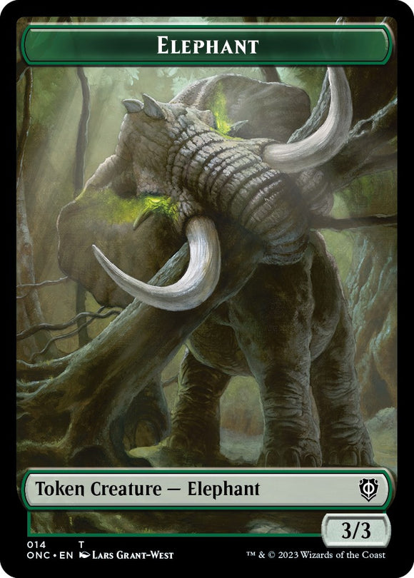 Ficha de doble cara de soldado humano y elefante [Fichas de comandante de Phyrexia: All Will Be One] 